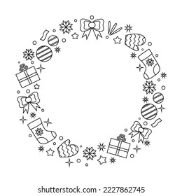 Christmas wreath from hand drawn winter holiday elements. Outline icons set. Isolated vector illustration. New Year's line composition.