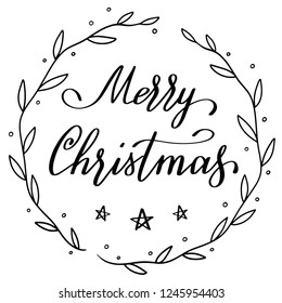 Christmas wreath and hand writing Merry Christmas in the middle. Black contouring. 