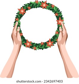 Christmas wreath in hands. Perfect for greeting postcards and invitations. Xmas and happy new year. Vector.