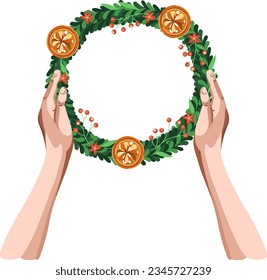 Christmas wreath in hands. Perfect for greeting postcards and invitations. Xmas and happy new year. Vector.