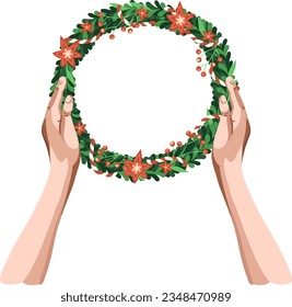 Christmas wreath in hands. Perfect for greeting postcards and invitations. Xmas and happy new year. Vector.