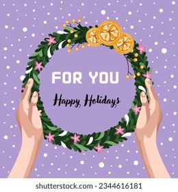 Christmas wreath in hands. Template for a postcard. Xmas and 2024 New Year decor. Modern flat style. Vector.