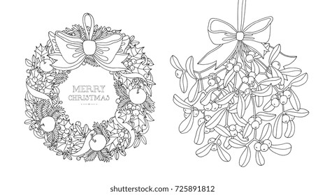 Christmas wreath and hanging mistletoe. Set collection. Vector artwork. Black and white. Coloring book page for adult. Holiday concept. Zentangle intricate pattern, bohemian. Logo label. Greeting card