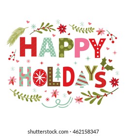 Christmas Wreath With Happy Holiday Typography Design