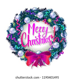 Christmas wreath and Happy New Year 2019 decorative ornament on white background.Gifts and congratulations holidays concept.