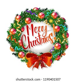 Christmas wreath and Happy New Year 2019 decorative ornament on white background.Gifts and congratulations holidays concept.