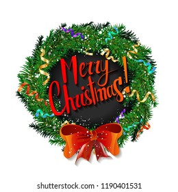 Christmas wreath and Happy New Year 2019 decorative ornament on white background.Gifts and congratulations holidays concept.