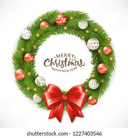 Christmas Wreath. Happy New year greeting card template. Vector 3d Illustration