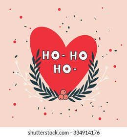 Christmas wreath and heart greeting card design template