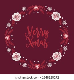 Christmas wreath with hearts, fir branches, snowflakes, leaves on dark red background. Scandinavian style. Perfect for winter holidays, New year. Hand drawn frame, greeting card. Vector illustration