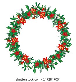 Christmas wreath of Hippeastrum poinsettia on white background. Ready illustration, for greeting cards, posters, stickers, Souvenirs, notebooks, calendars and design.Hand-drawn. Cartoon style. Vector
