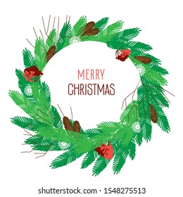 Christmas wreath holiday card for celebration decoration design. A wreath of spruce branches and cones, rowan berries, snowflakes, tree branches. Winter holiday illustration. 