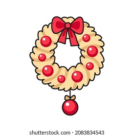 Christmas wreath. Holiday decoration, design element. Vector colored isolated illustration for pin, sticker, patch, badge, greeting card.