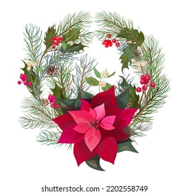 Christmas wreath for holiday decorations. Circular frame with red Poinsettia (New Year Star), holly berry, pine branches, cones. Digital draw realistic illustration in watercolor style. Vector