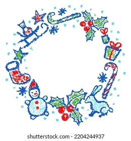 Christmas wreath with holiday elements. Crayon hand drawing cartoon banner frame background. Snowman, snow, candy. Fun doodle simple vector flat cartoon style. Pastel chalk or pencil child painting