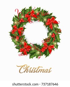 Christmas wreath holiday holly ilex winter decoration element. isolated vector illustration on a white background