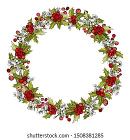 Christmas wreath of holly berries, flowers and leaves on white background. Round garland for festive season design, advertisement, greeting cards, invitation, posters. Vector illustration.