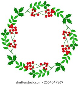 Christmas wreath with holly berries frame and borders.Hand drawn	