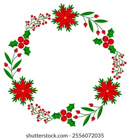 Christmas wreath with holly berries frame and borders.Hand drawn