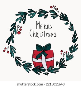 Christmas wreath with holly berries. Happy new year vector illustration. Christmas greeting card.
