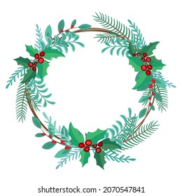 Christmas wreath with holly berries. Isolated vector.