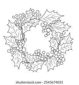 Christmas wreath with holly berries and leaves hand drawn black ink style sketch. Vector illustration isolated on white background.	