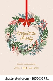Christmas wreath with  holly berries, mistletoe, pine and fir branches, cones, rowan berries. Xmas and happy new year postcard. Vector illustration, holiday party invitation