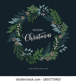 Christmas wreath with  holly berries, mistletoe, pine and fir branches, cones, rowan berries. Xmas and happy new year postcard. Vector illustration, holiday invitation