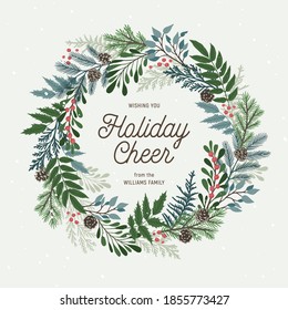 Christmas wreath with holly berries, mistletoe, pine and fir branches, cones, rowan berries. Xmas and happy new year postcard. Vector illustration, holiday invitation