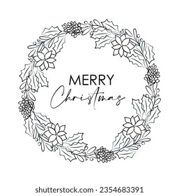 Christmas wreath with holly berries, mistletoe, pine, fir branches, cones, rowan berries, poinsettia flowers hand drawn black ink style sketch. Vector illustration isolated on white background svg