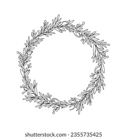 Christmas wreath with holly berries, mistletoe, flowers and leaves hand drawn black ink style sketch. Vector illustration isolated on white background