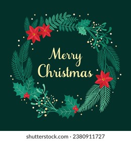 Christmas wreath with holly berries, mistletoe, spruce and Merry Christmas text. Green wreath on dark green background. Merry Christmas.   