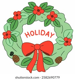 A Christmas wreath with holly, berries, and a red bow, ideal for greeting card designs and holiday decorations.