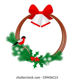 Christmas wreath with holly berry, bow, bells, bullfinch and fur branches isolated on white background. Vector illustration 