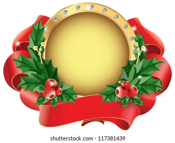 Christmas wreath of holly berry, fir branch and red ribbon, vector illustration