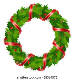 Christmas wreath of holly berry, fir branch and red ribbon, vector illustration