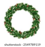 Christmas wreath. Holly berry, Christmas lights and ribbons decoration. Christmas tree holiday garland. Festive frame, realistic fir-tree branches. Transparent background in vector file.