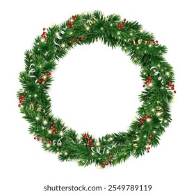 Christmas wreath. Holly berry, Christmas lights and ribbons decoration. Christmas tree holiday garland. Festive frame, realistic fir-tree branches. Transparent background in vector file.