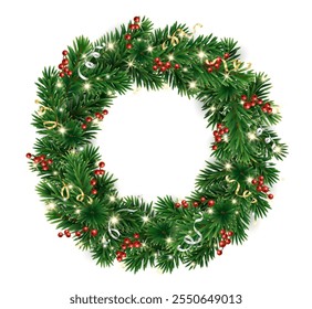 Christmas wreath. Holly berry, Christmas lights and ribbons decoration. Christmas tree holiday garland. Festive frame, realistic fir-tree branches. Transparent background in vector file.