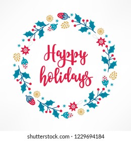 Christmas wreath with holly, berry, snowflake, cone, star, snowflakes on white background. Perfect for holiday greeting cards