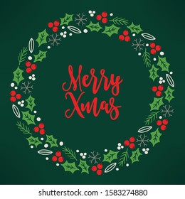 Christmas wreath with holly berry, snowflakes, fir branches and leaves on dark green background. Hand drawn circle frame in scandinavian style. Perfect for holiday greeting cards