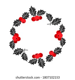 Weihnachtskranz. Holly-Beere-Vektorgrafik. Weihnachtssymbol, Ferienpflanze einzeln auf weißem Hintergrund, Wintergrafik. Rot und Schwarz. 