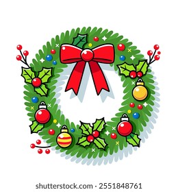 Christmas wreath with holly branches and Christmas balls and red bow in linear style. vector illustration isolated