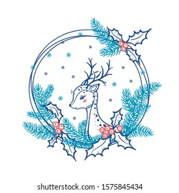 Christmas Wreath of Holly and Fir Branches with Cute Reindeer. Greeting Card Template with Hand Drawn Doodle Cartoon Deer. Winter Holidays, Christmas and New Year Design