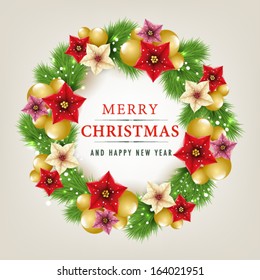 Christmas wreath with holly leaf, poinsettia flowers and balls.  Vector illustration  