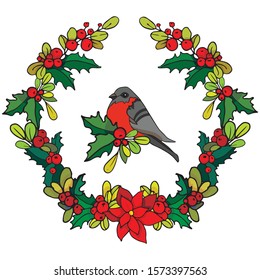 Christmas wreath of holly leaves and berries with a bullfinch bird sitting on a branch in the center, on a white background.