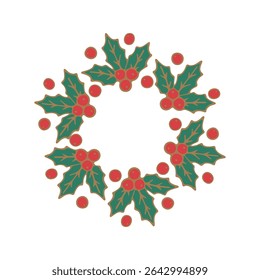 Christmas wreath with holly leaves and red berries, festive holiday decoration, flat vector illustration, white background, green and red colors. Vector illustration