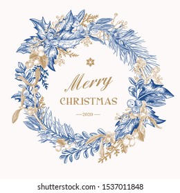 Christmas wreath with holly and mistletoe berries, with pine and spruce branches. Vector vintage botanical illustration. Blue.