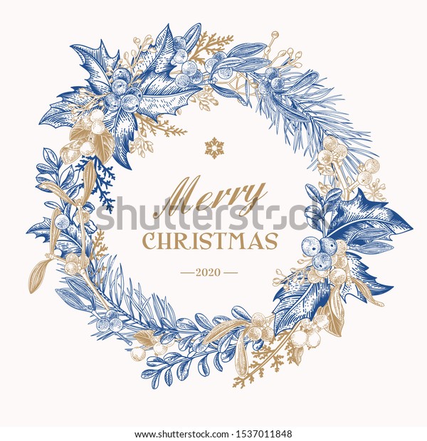 ヒラギとヤドリギの実 松とトウヒの枝を持つクリスマスリース ベクタービンテージ植物イラスト 青 のベクター画像素材 ロイヤリティフリー