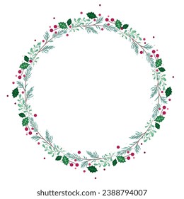 Christmas wreath with holly, mistletoe, green pine leaves and red balls, round festive decorative frame , lovely and warm illustration to celebrate xmas